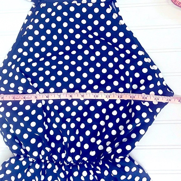 Claudia G Sleeveless Asymmetric‎ HalterTop Dress Womens M Navy White Dot NWOT - Picture 9 of 14